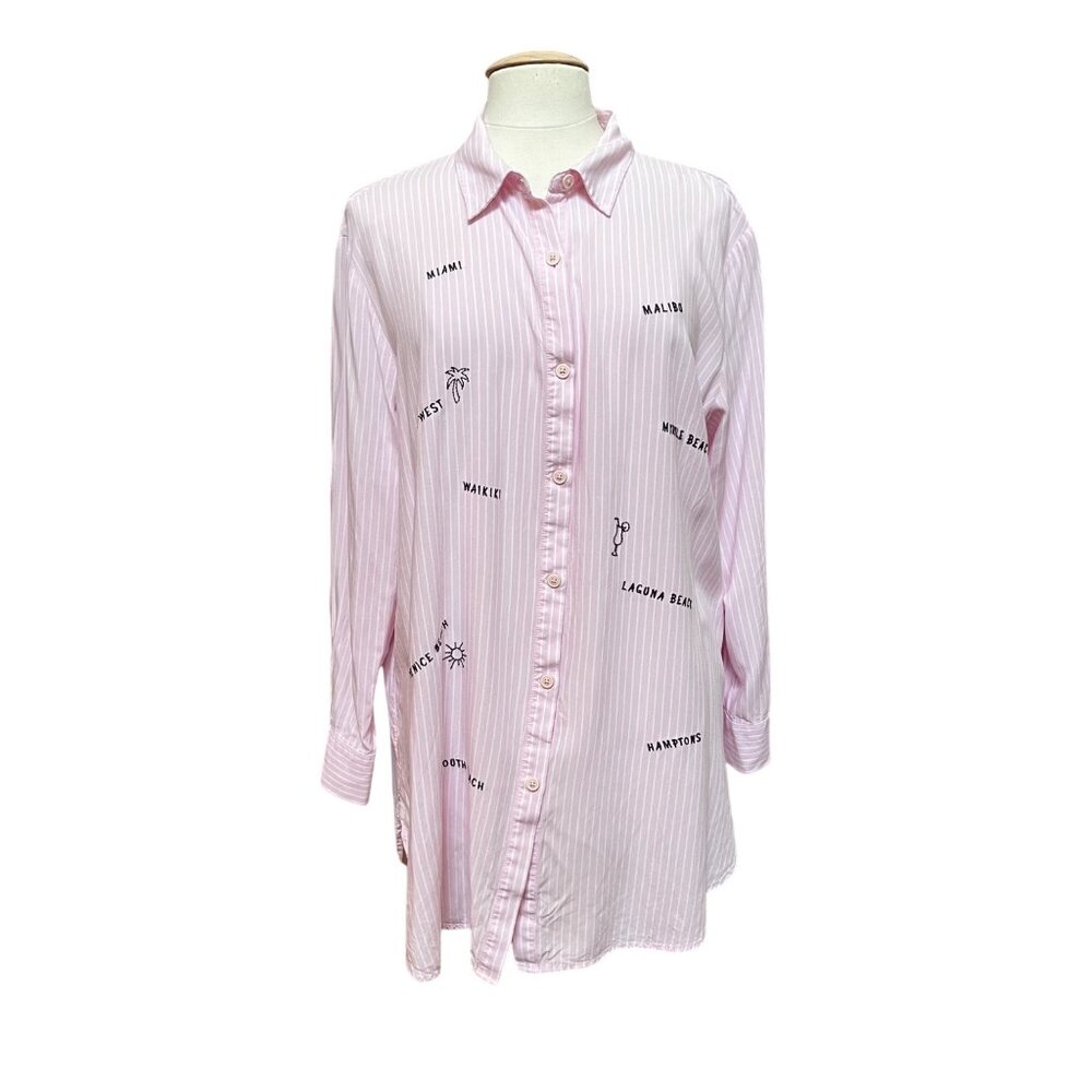 Pink‎ White Stripe Jasmine & Ginger Long Sleeve Button Shirt Embroidered Beach L